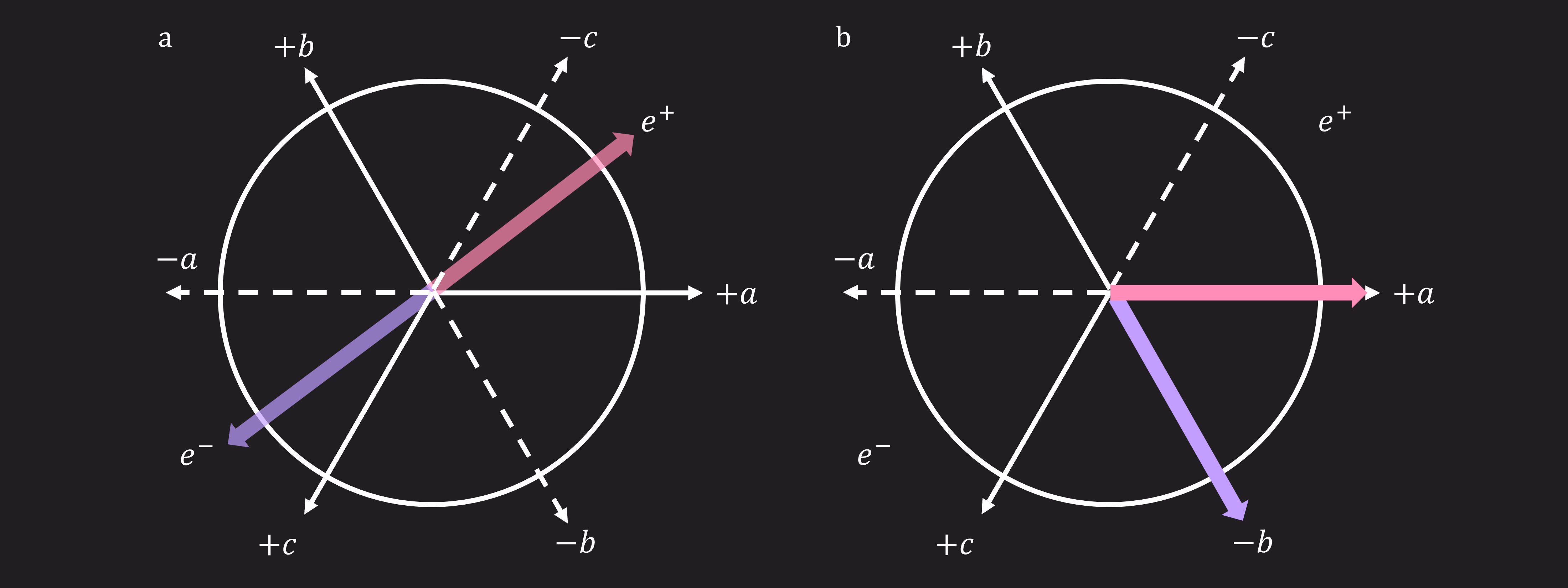 Diagram zobrazující dva počáteční spinové vektory, následovaný možnými měřeními podél tří přímek a, b a c, z nichž každá má kladný a záporný směr. Protože tyto osy nejsou navzájem kolmé, Lucas a Rihanna nebudou měřit spiny v opačných směrech, pokud se náhodou nerozhodnou měřit podél stejných os.