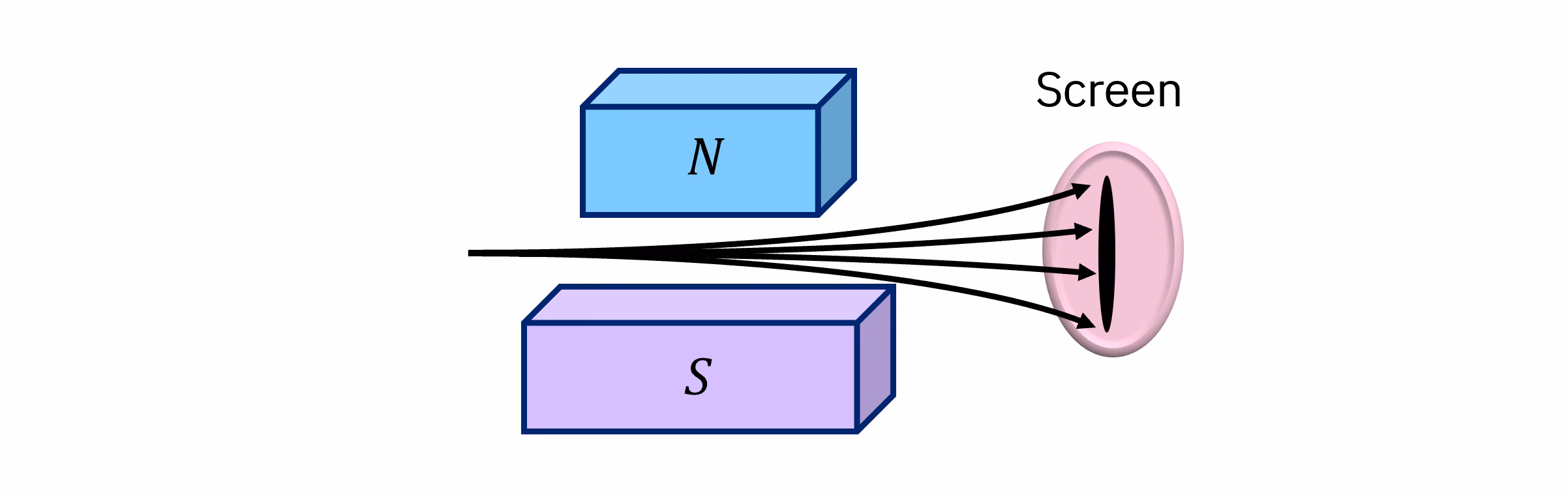 Diagram svazku částic procházejícího magnetem. Jsou vychylovány v různé míře podél směru magnetického pole. Takže když dopadají na vzdálené stínítko, tvoří čáru.