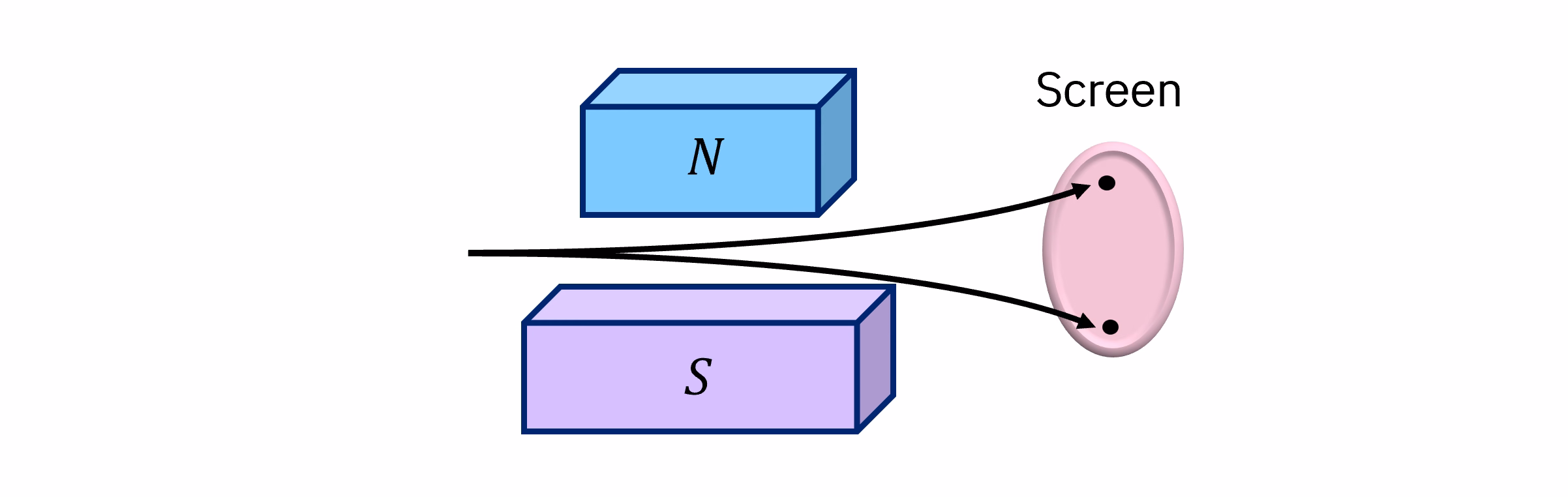 Diagram svazku částic vychylovaných buď nahoru nebo dolů, dopadajících na jeden ze dvou bodů na stínítku, přičemž mezi těmito dvěma maximy nejsou žádné částice