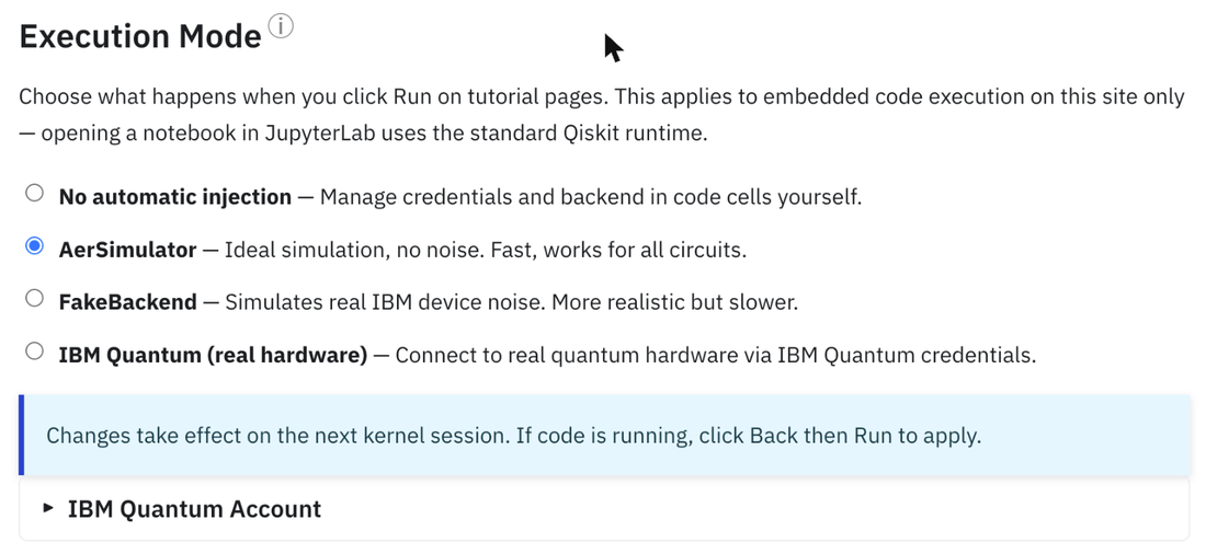 Nastavení režimu spuštění: AerSimulator, FakeBackend nebo IBM Quantum (skutečný hardware).